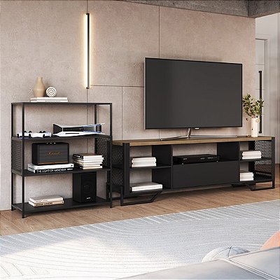 Conjunto Sala de Estar Industrial com Rack e Estante Baixa