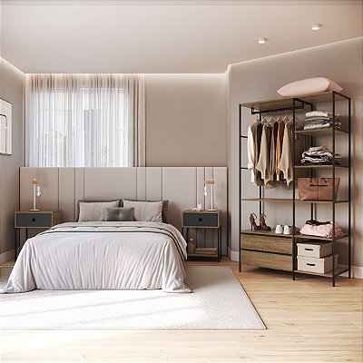 Conjunto Quarto Industrial com Closet e 2 Mesas de Cabeceira