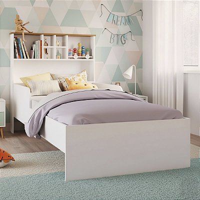 Cama de Solteiro com Protetores e Estante 207cm Branca