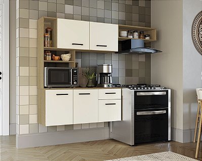 Conjunto Cozinha Suspenso Clover 122,4cm 5 Portas Nature/Champanhe