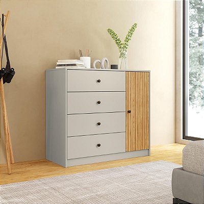 Cômoda Quarto com 4 Gavetas e 1 Porta Puxadores em Metal
