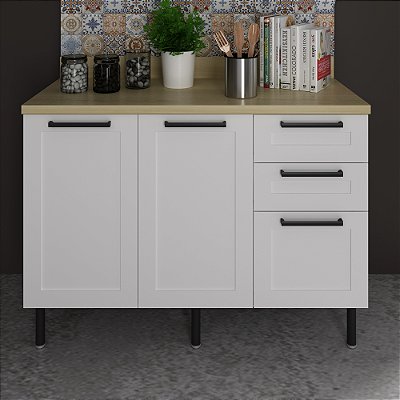 Balcão de Cozinha em MDF 120x85cm com 2 Portas 3 Gavetas Branco