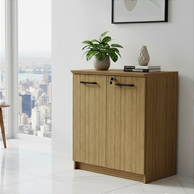 Balcão Escritório 70x75cm 2 Portas com Chave e 2 Nichos Amêndoa