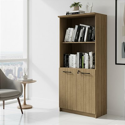 Armário Office 70x155,8cm 2 Portas com Chave 4 Nichos Amêndoa