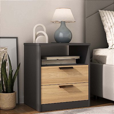 Mesa de Cabeceira Divino em MDF 56,7x65cm com 2 Gavetas