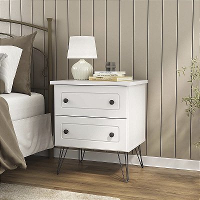 Mesa de Cabeceira Fort em MDF 54x62,5cm com 2 Gavetas e 4 Pés de Metal