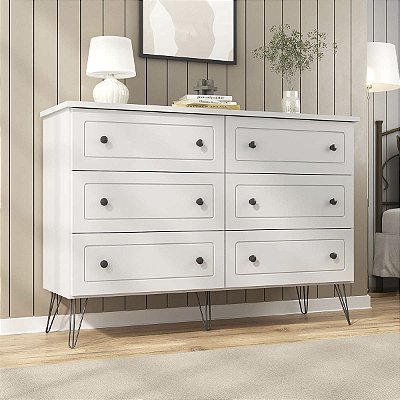 Cômoda para Quarto Fort em MDF 136x95cm 6 Gavetas e 5 Pés de Metal