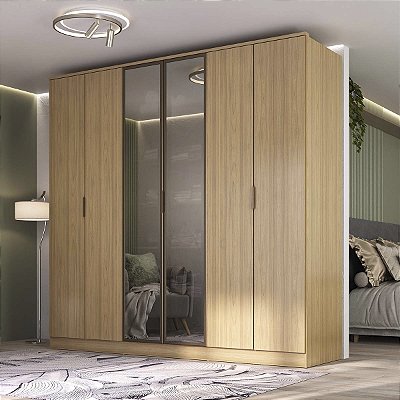 Guarda Roupa Ravi 100% MDF 240x232,2cm 6 Portas e Reflecta com LED