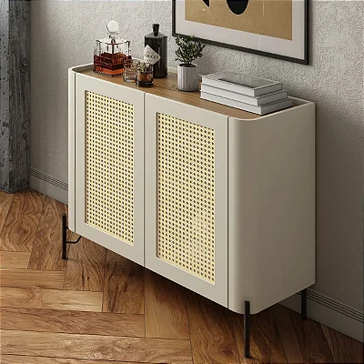 Aparador Buffet com Gaveta 99cm em MDF e Pés Metal com Palha Natural