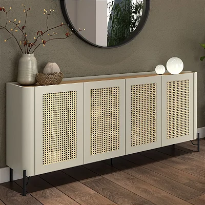 Aparador Buffet com Gaveta 180cm MDF e Pés em Metal com Palha Natural