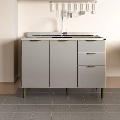 Balcão de Cozinha Ibiza em MDF 120cm 3 Portas 2 Gavetas com Pés