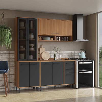 Cozinha Modulada Havana Fume 185x220cm 8 Portas 2 Gavetas Pés Reguláveis