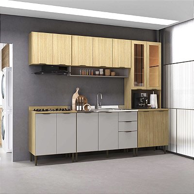 Cozinha Modulada Ibiza MDF 14 Portas 2 Gavetas 260cm com Tampo e Pés