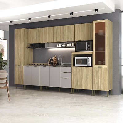 Cozinha Modulada Ibiza em MDF 18 Portas 340cm com Tampo e Pés