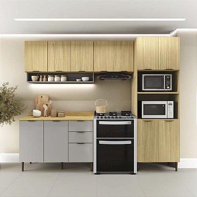 Cozinha Modulada Ibiza MDF 12 Portas 260cm com Tampo e Pés Ajustáveis