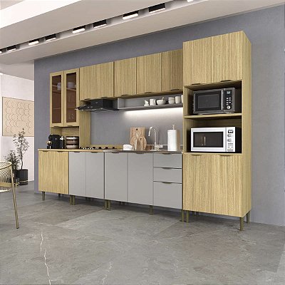 Cozinha Modulada Ibiza MDF 18 Portas 330cm com Tampo e Pés Reguláveis
