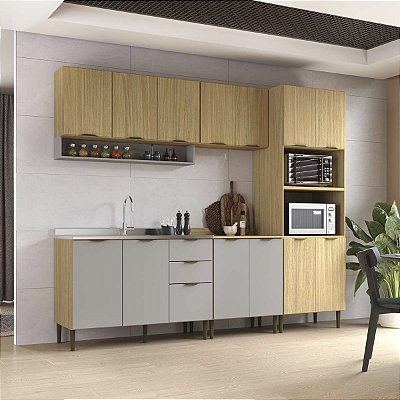 Cozinha Modulada Ibiza MDF 14 Portas 260cm com Tampo e Pés Ajustáveis