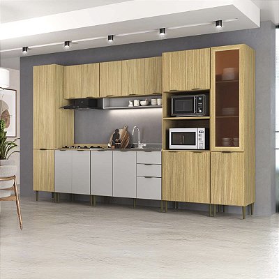 Cozinha Modulada Ibiza MDF 18 Portas 340cm com Tampo e Pés Ajustáveis
