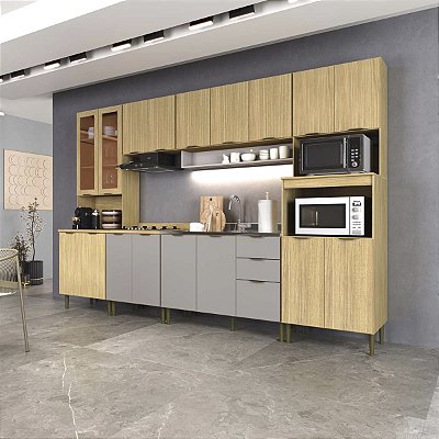 Cozinha Modulada Ibiza MDF 18 Portas 330cm com Tampo e Pés Ajustáveis