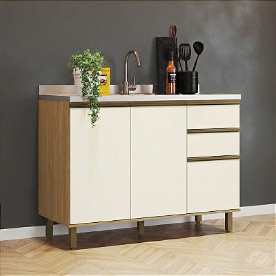 Balcão Cozinha Nova Dubai em MDF 120cm 2 Portas Freijó/Champanhe
