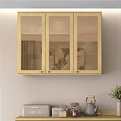 Armário Aéreo Cozinha Nova Dubai MDF 120cm 3 Portas Reflecta Louro Freijó