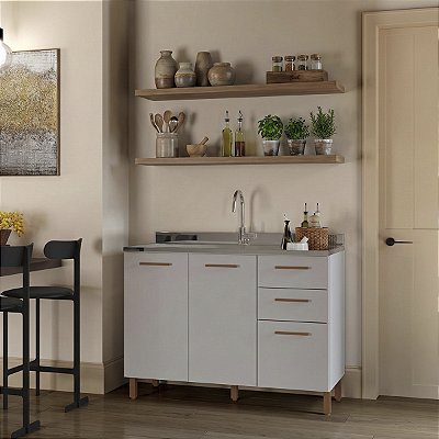 Balcão Cozinha Sardenha em MDF 120x87,5cm 2 Portas 3 Gavetas com Pés