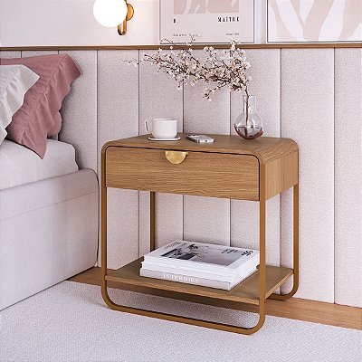 Mesa Cabeceira Orgânica 60x58,5cm com Gaveta Prateleira e Pés em Metal