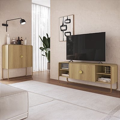 Conjunto Sala de Estar Buffet e Rack Estilo Orgânico com Pés em Metal