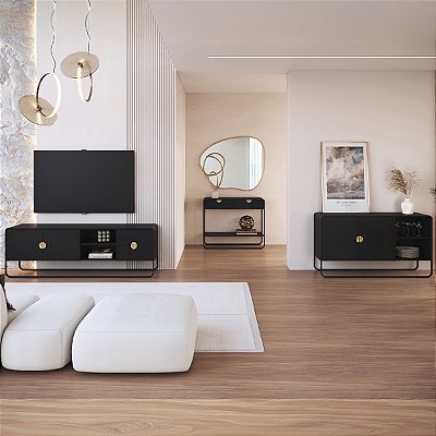 Conjunto Sala de Estar Rack Buffet Aparador Orgânico com Pés em Metal