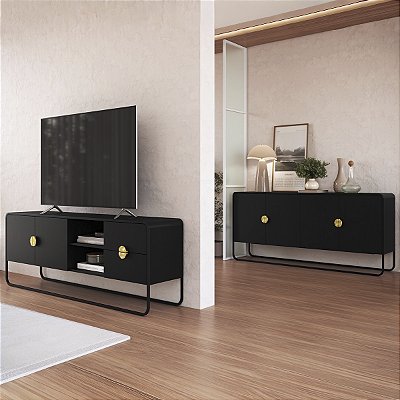 Conjunto Sala de Estar Rack e Buffet Estilo Orgânico com Pés em Metal