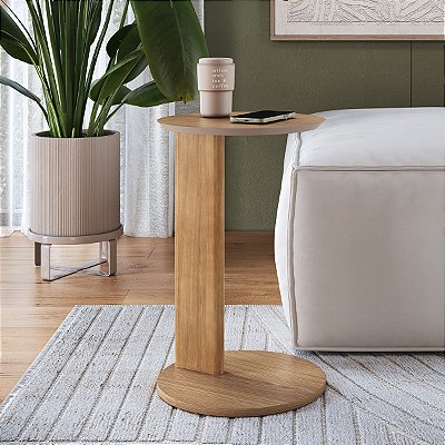 Mesa Lateral de Apoio Sofá Orgânica Chanfrada com Pé em Madeira