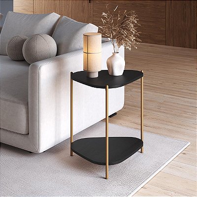 Mesa de Apoio Lateral Orgânica com Prateleira e Pés de Metal