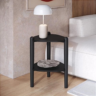 Mesa Lateral Orgânica com Prateleira com Pés de Madeira Maciça