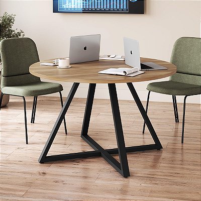 Mesa de Reunião Redonda 110cm Home Office Pés com Estrutura Metálica