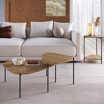 Conjunto Sala de Estar 2 Mesas Centro 1 Mesa Lateral Orgânica Pé Metal