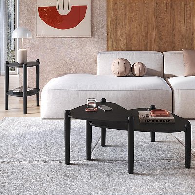 Conjunto Sala Estar 3 Peças Mesa Centro e Lateral Orgânica Pé Madeira