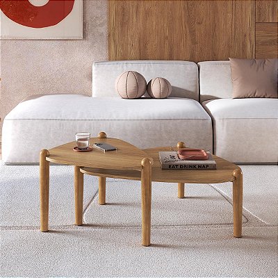 Conjunto para Sala de Estar 2 Mesas de Centro Orgânicas Pés em Madeira