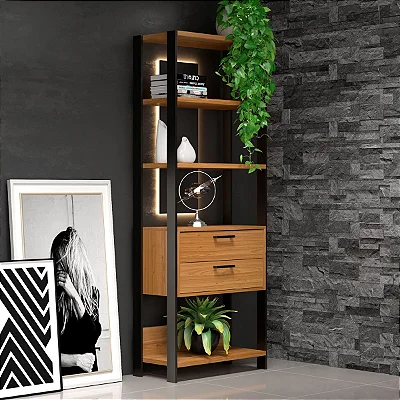 Estante Estilo Industrial com 2 Gavetas 5 Prateleiras 100% MDF