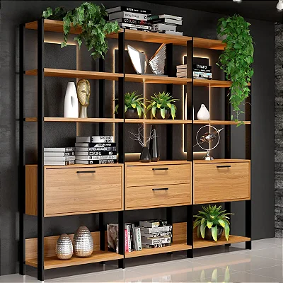 Conjunto 3 Estantes Industrial 216cm com 2 Portas 2 Gavetas 100% MDF