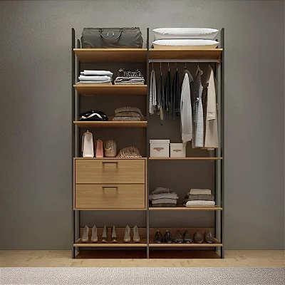Guarda Roupas Closet Industrial 2 Torres com 2 Gavetas e Cabideiro