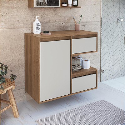 Gabinete Suspenso Banheiro Paula 80cm 2 Gavetas com Porta e Nicho