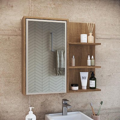 Armário Espelheira para Banheiro Paula 70cm 1 Porta e 2 Prateleiras