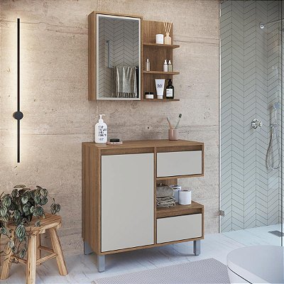 Conjunto Banheiro Suspenso Paula Gabinete 80cm com Espelheira