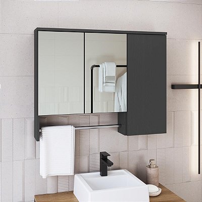 Armário Espelheira para Banheiro Olívia 80cm 3 Portas com Toalheiro