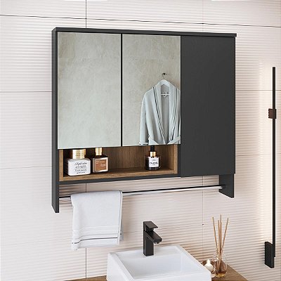 Armário Espelheira Banheiro Olívia 80cm 3 Portas com Nicho e Toalheiro