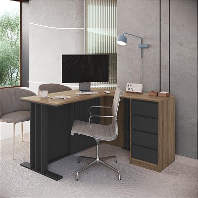 Mesa Escrivaninha em L para Escritório Home Office com 4 Gavetas