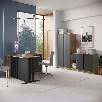 Conjunto para Escritório Mesa em L Armário Alto e Balcão Modernos