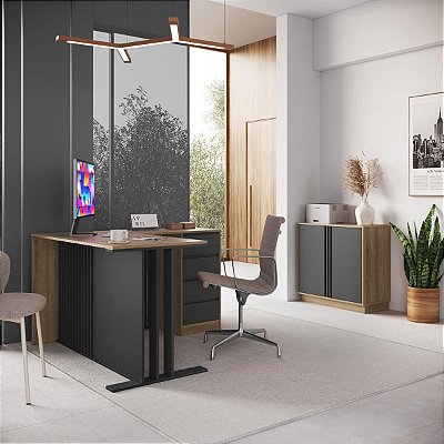 Conjunto para Escritório Home Office Mesa L e Armário Baixo Moderno