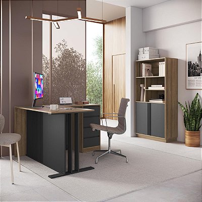 Conjunto para Escritório Mesa L Home Office Armário Alto com Nichos