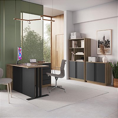 Conjunto Escritorio Home Office Mesa L Armário Alto Nichos e Balcão
